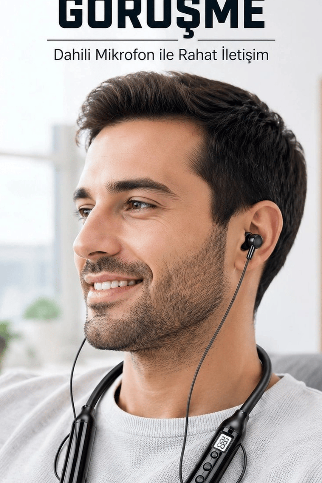 Bluetooth V4.0 Boyun Tipi Kulaklık 10 Mt Menzilli Mikrofonlu Dijital Ekranli Kulak Ici BX-313560