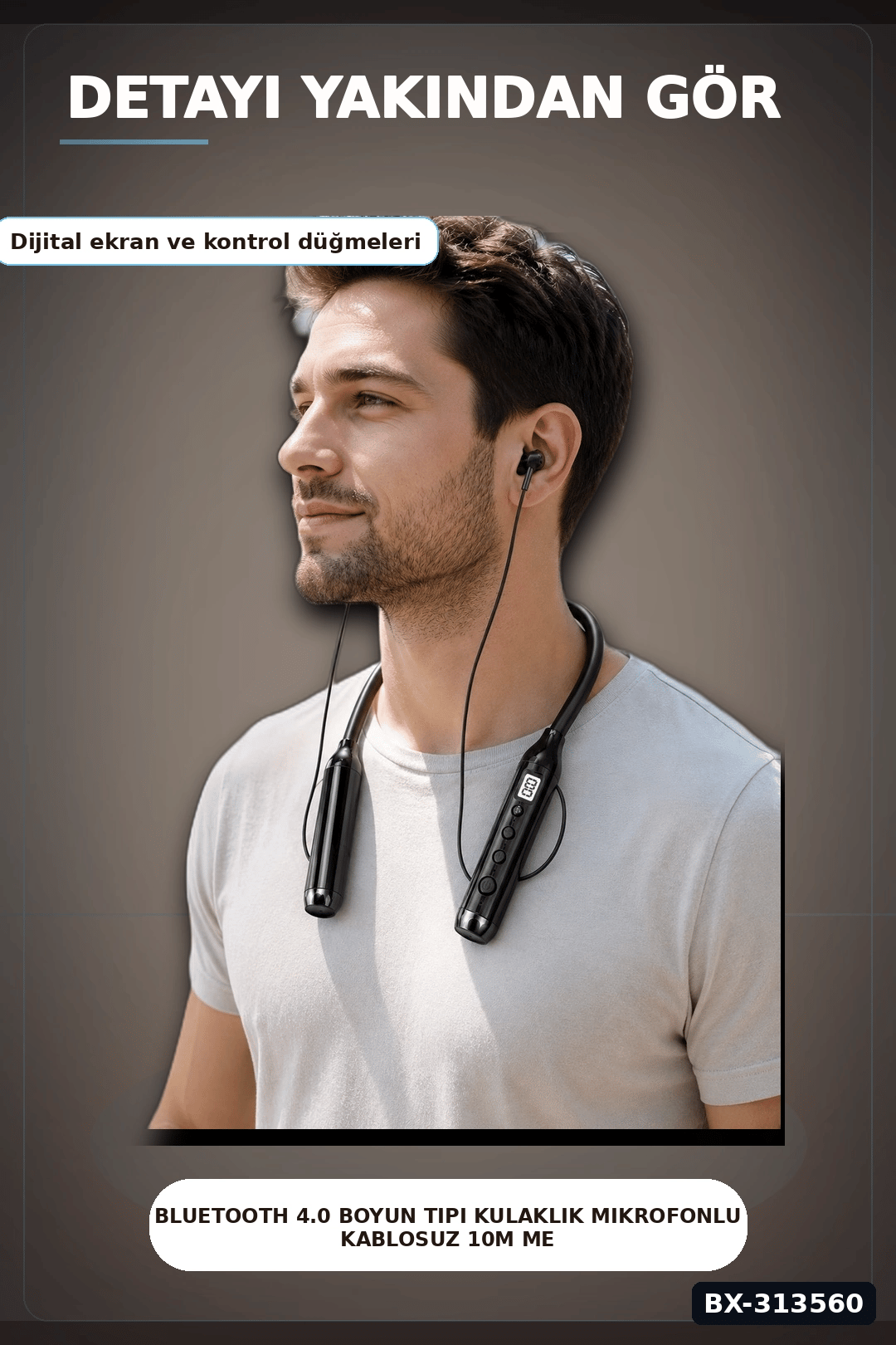 Bluetooth V4.0 Boyun Tipi Kulaklık 10 Mt Menzilli Mikrofonlu Dijital Ekranli Kulak Ici BX-313560