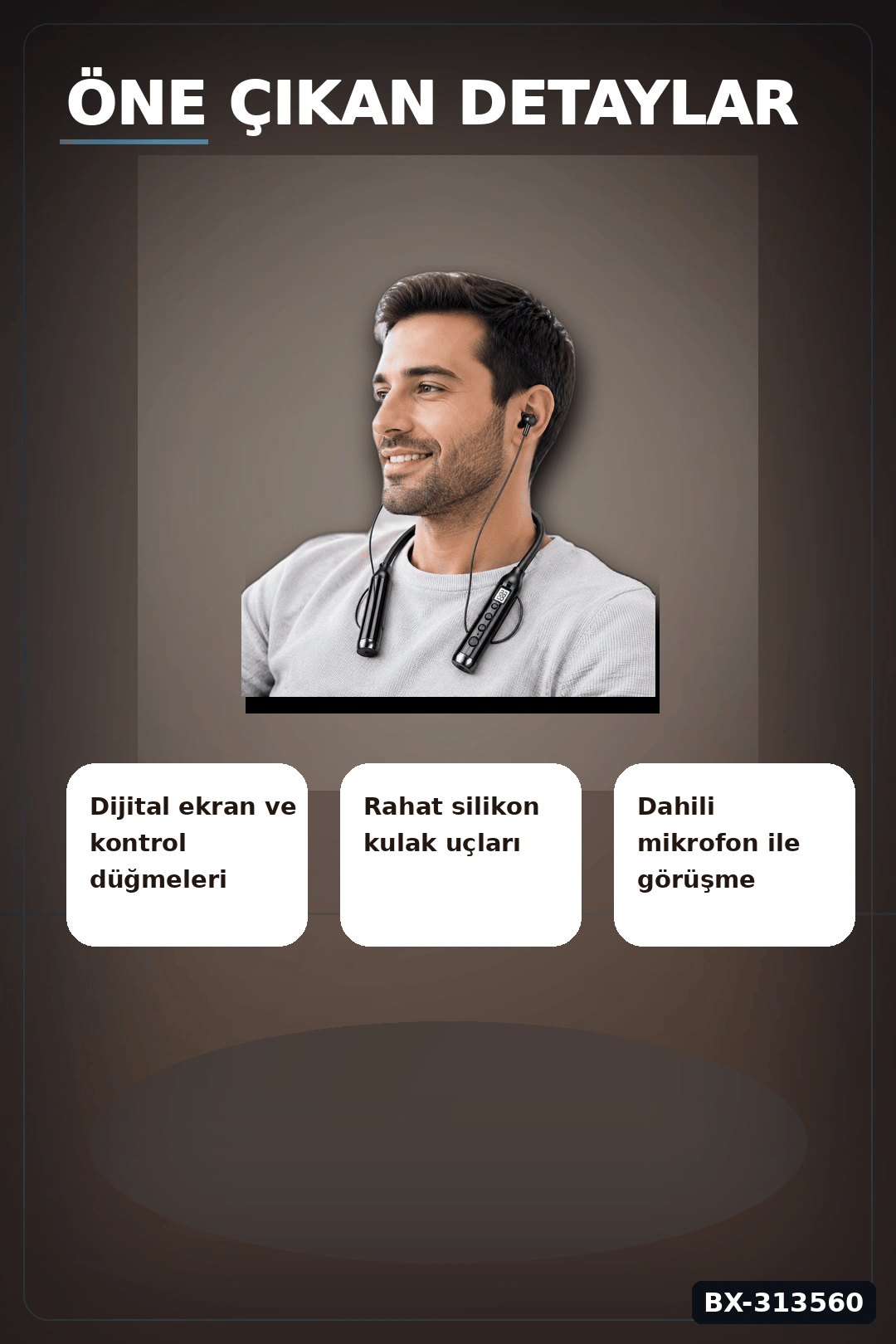 Bluetooth V4.0 Boyun Tipi Kulaklık 10 Mt Menzilli Mikrofonlu Dijital Ekranli Kulak Ici BX-313560