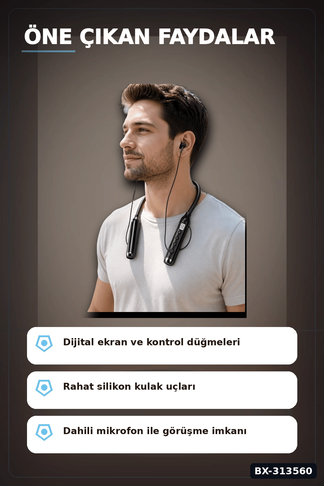 Bluetooth V4.0 Boyun Tipi Kulaklık 10 Mt Menzilli Mikrofonlu Dijital Ekranli Kulak Ici BX-313560