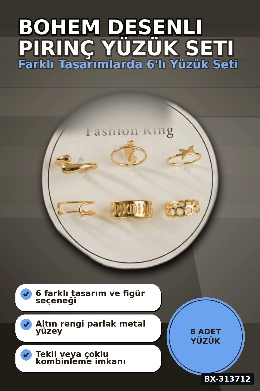Bohem Desenli 6 Adet Pirinç Yüzük Seti - 7-8 Numara, Bayan Bijuteri Takı BX-313712