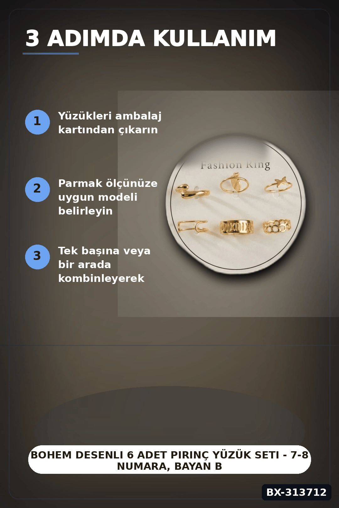 Bohem Desenli 6 Adet Pirinç Yüzük Seti - 7-8 Numara, Bayan Bijuteri Takı BX-313712