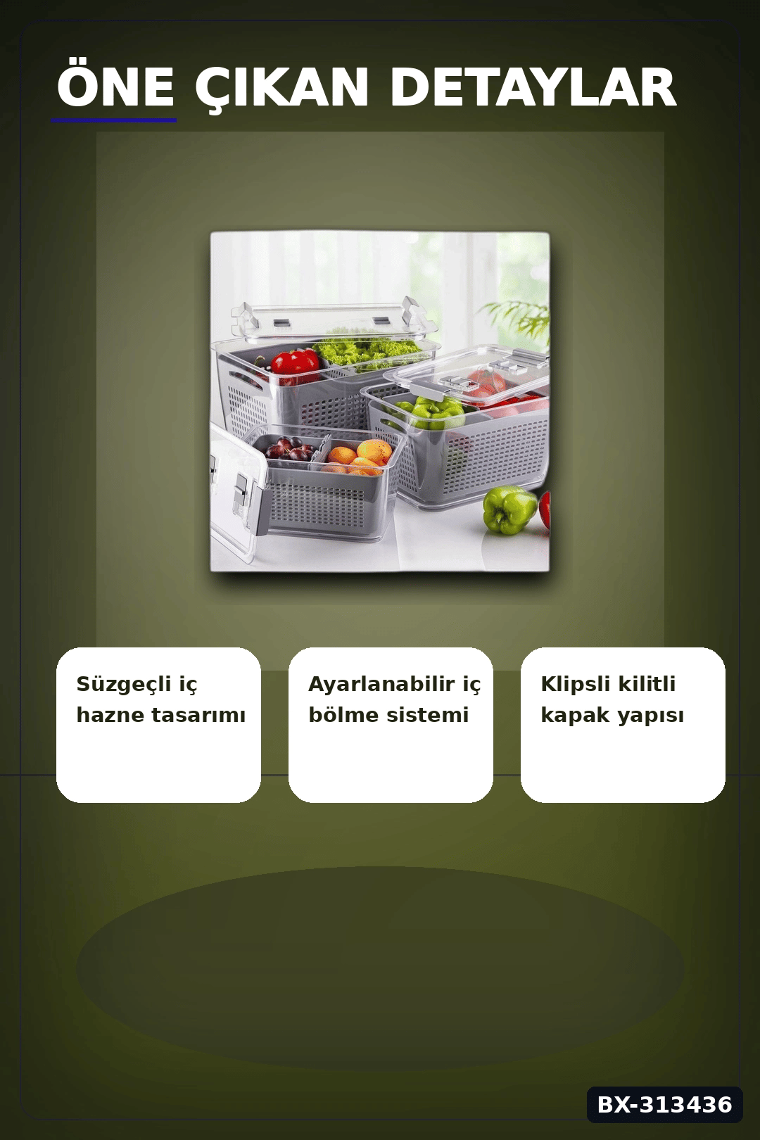 Bölmeli Süzgeçli 3 Parça Buzdolabı Organizer Seti 2.5-5-9 Litre Kilitli Kapak BX-313436