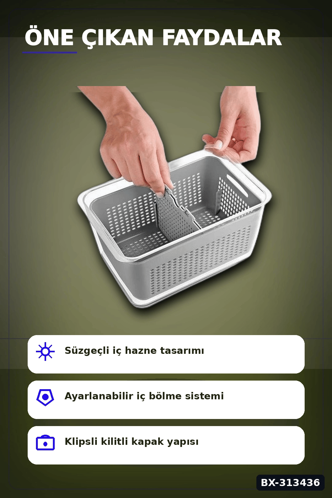 Bölmeli Süzgeçli 3 Parça Buzdolabı Organizer Seti 2.5-5-9 Litre Kilitli Kapak BX-313436