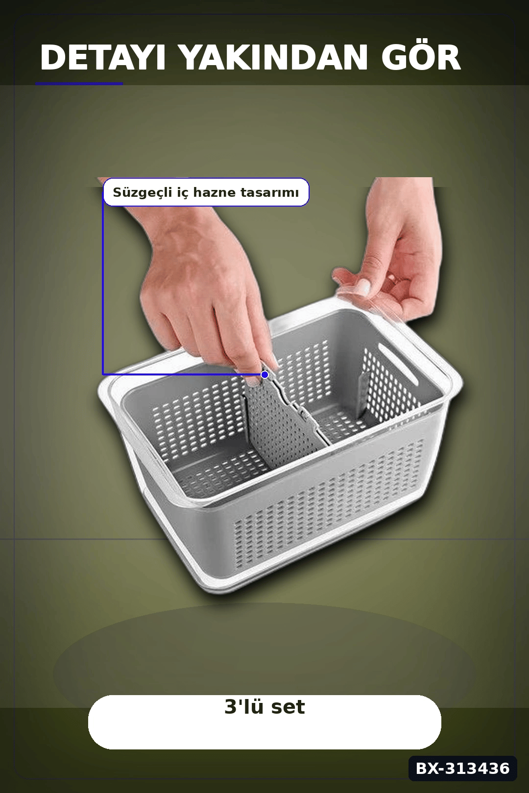 Bölmeli Süzgeçli 3 Parça Buzdolabı Organizer Seti 2.5-5-9 Litre Kilitli Kapak BX-313436