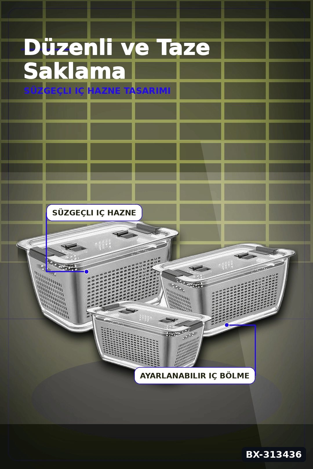 Bölmeli Süzgeçli 3 Parça Buzdolabı Organizer Seti 2.5-5-9 Litre Kilitli Kapak BX-313436