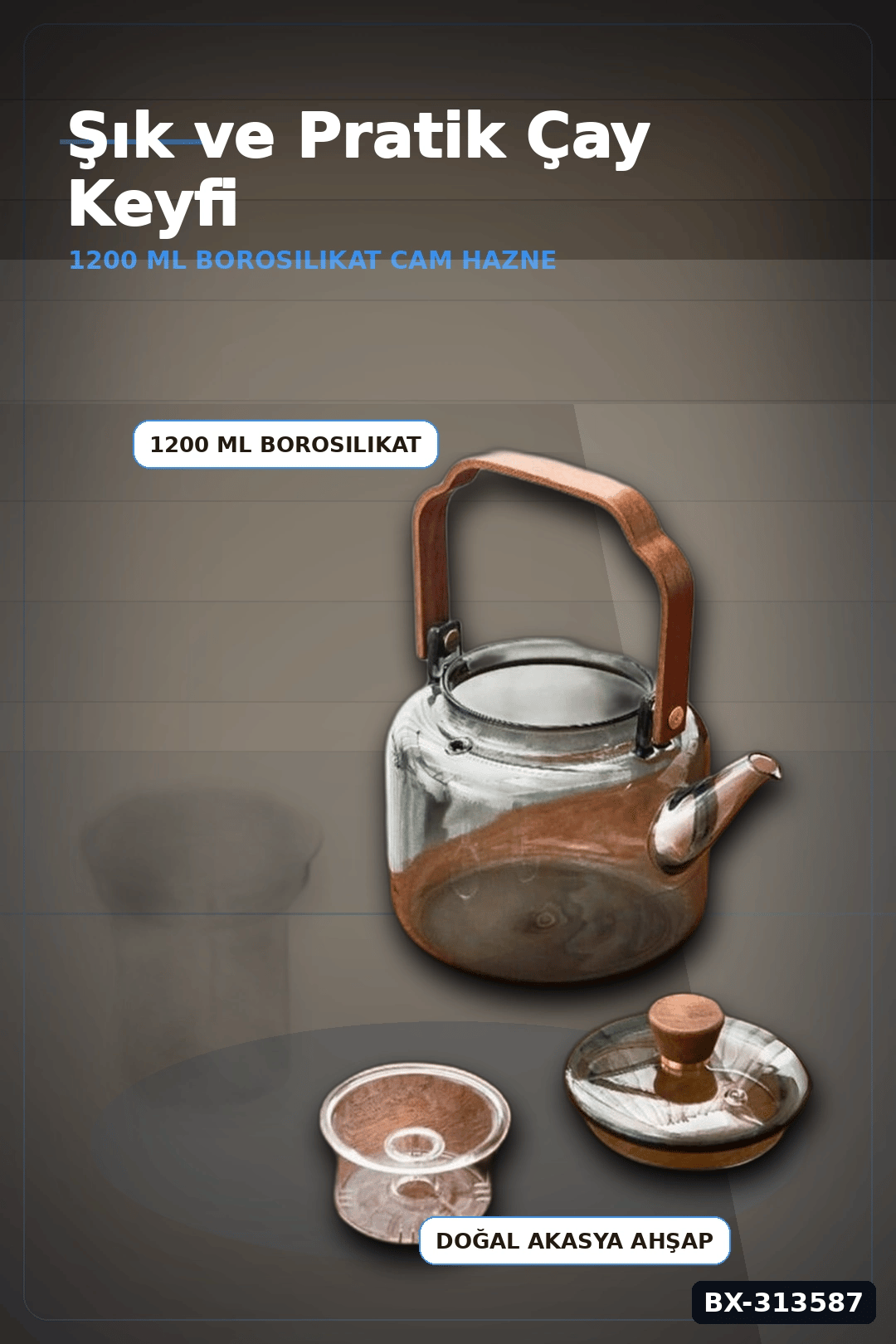 Borosilikat Cam Demlik 1200 Ml Akasya Saplı Süzgeçli Bulaşık Makinesinde Yıkanabilir BX-313587