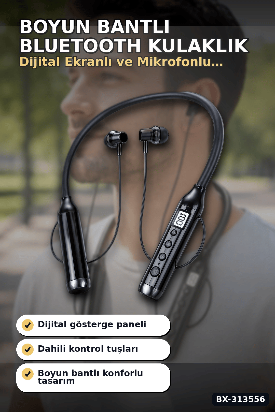 Boyun Bantlı 600 Saat Müzik Süreli Bluetooth V4.0 Kulaklık - Mikrofonlu Ses Kontrollü BX-313556