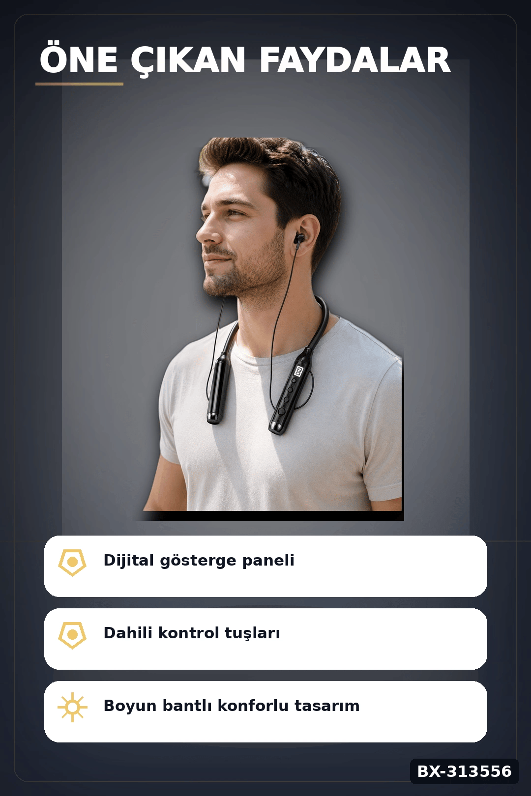 Boyun Bantlı 600 Saat Müzik Süreli Bluetooth V4.0 Kulaklık - Mikrofonlu Ses Kontrollü BX-313556