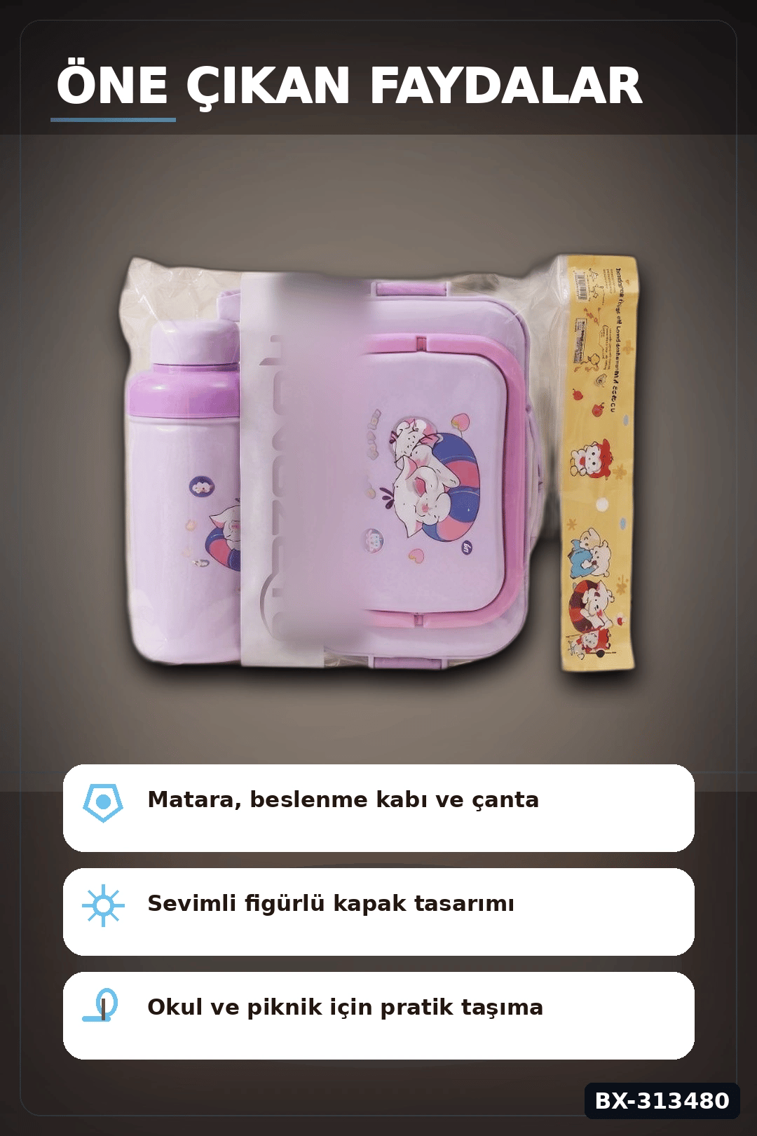 Bpa Icerikli Sızdırmaz Matara ve Beslenme Kabi Seti - 3 Parca, Cocuk Okul Cantasi Hediyesi BX-313480