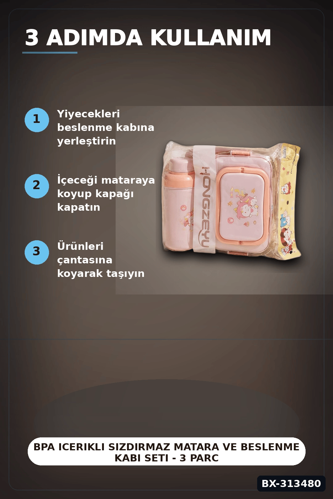 Bpa Icerikli Sızdırmaz Matara ve Beslenme Kabi Seti - 3 Parca, Cocuk Okul Cantasi Hediyesi BX-313480