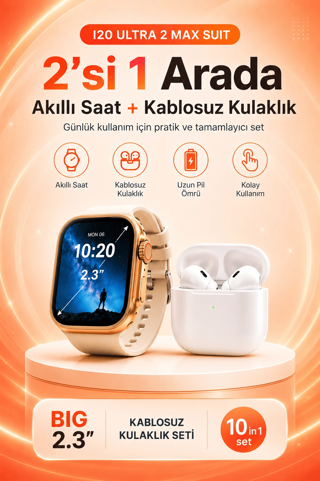 Büyük Ekranlı Akıllı Saat Kablosuz Kulaklık Ve Çoklu Aksesuar İçeren Set