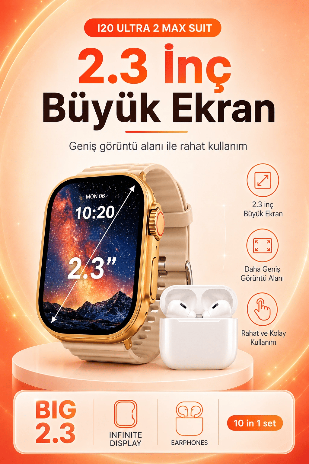 Büyük Ekranlı Akıllı Saat Kablosuz Kulaklık Ve Çoklu Aksesuar İçeren Set