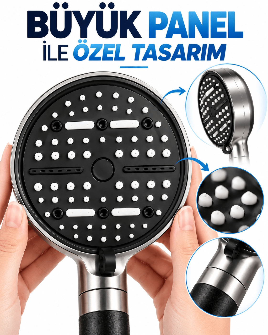 Büyük Panelli 6 Farklı Su Modlu Filtreli Duş Başlığı Siyah Metalik Tasarım