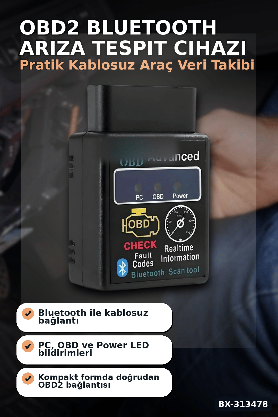 Bx40 OBD2 Bluetooth Araç Arıza Tespit Cihazı, Check Engine Sıfırlama, Scanner 1 Adet BX-313478