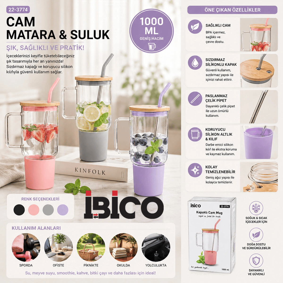 Cam 1000ml Matara - Suluk Bambu Kapak - Sızdırmaz Silikonlu Çelik Pipet Koruyucu Silikon Altlık - Kılıf Bx40