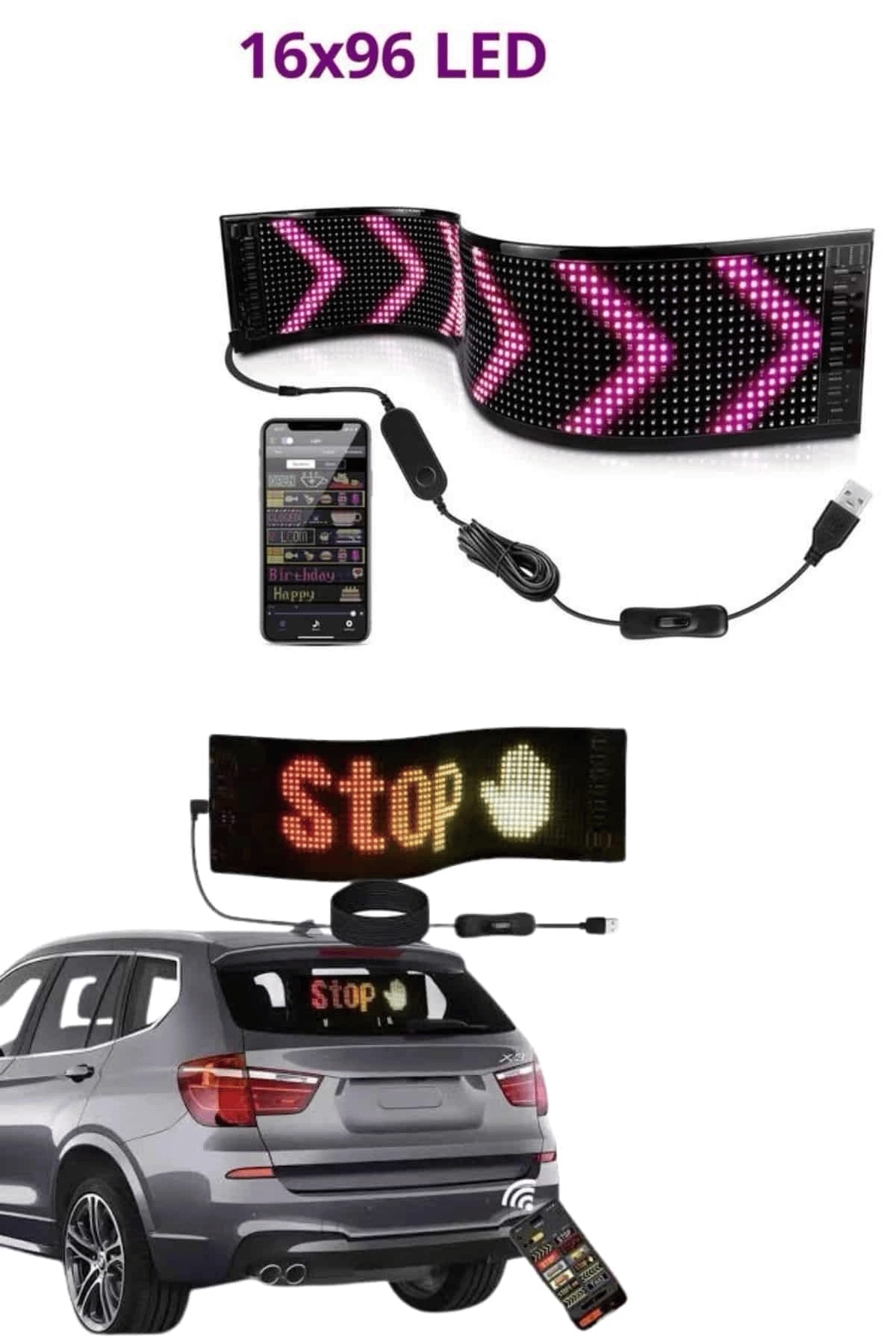Cama Yapışan En Büyük Boy 16X96 Telefon Kontrollü Led Ekran Digital Araba Yazısı