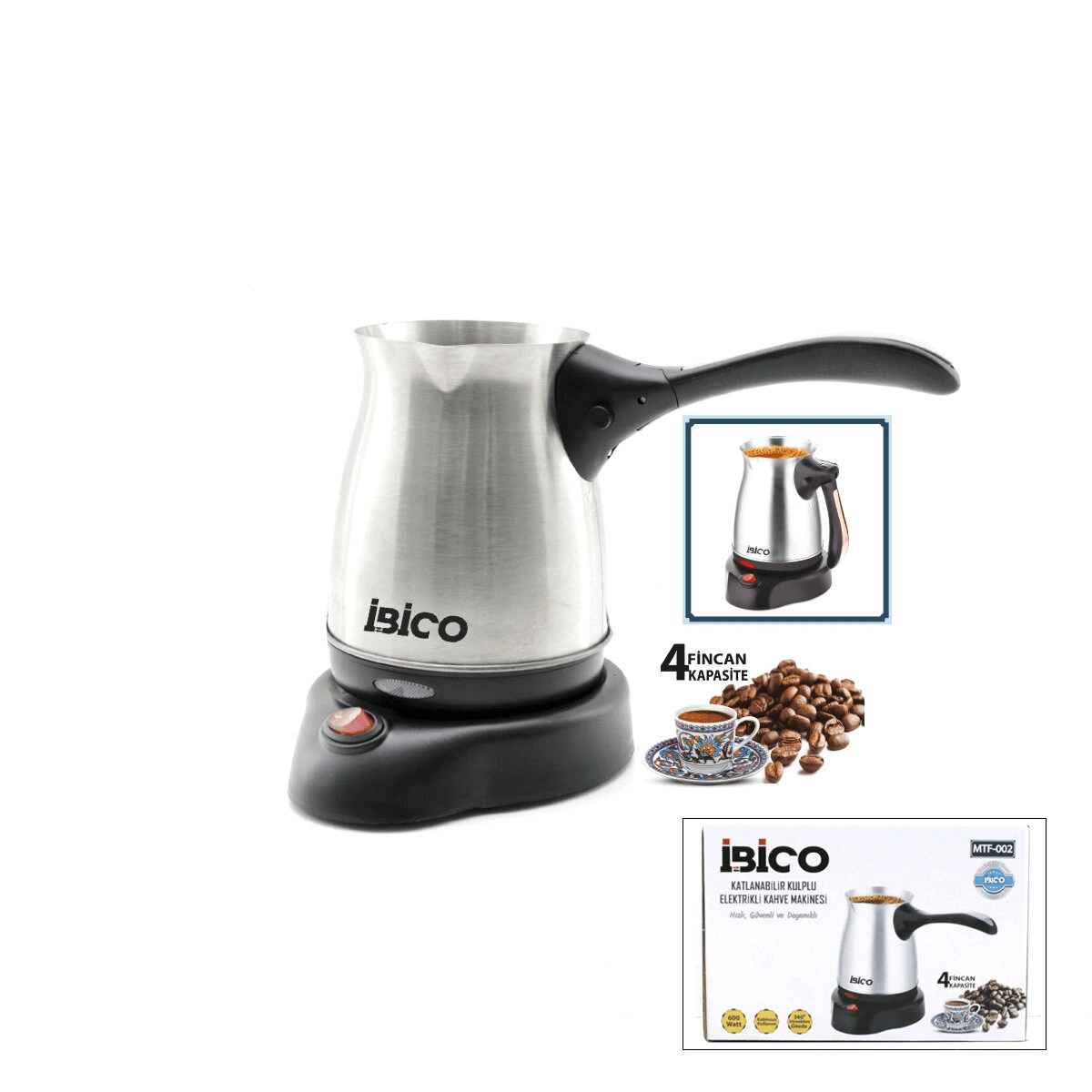 Çelik Elektrikli Cezve Türk Kahve Makinesi - 4fincan=400ml Kablosuz Kullanım- 360°döner 600w Mtf-002 Bx40