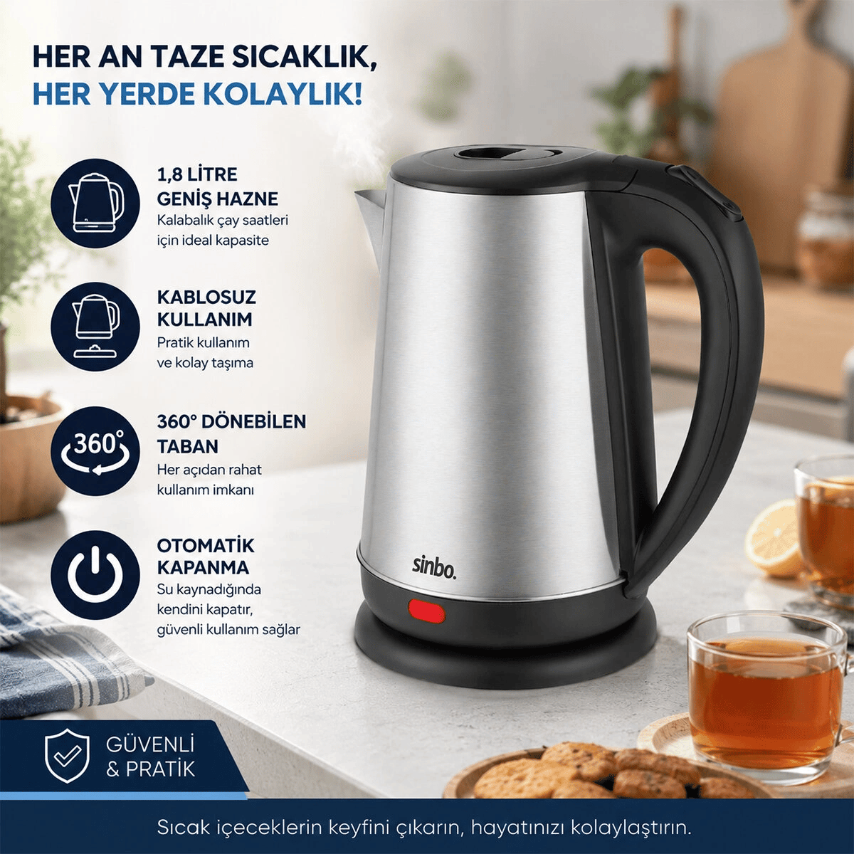Çelik Kettle Su Isıtıcısı Kablosuz Kullanım 1.8lt 360 Derece Dönebilme Otomatik Kapanma Sk-8026 Bx40