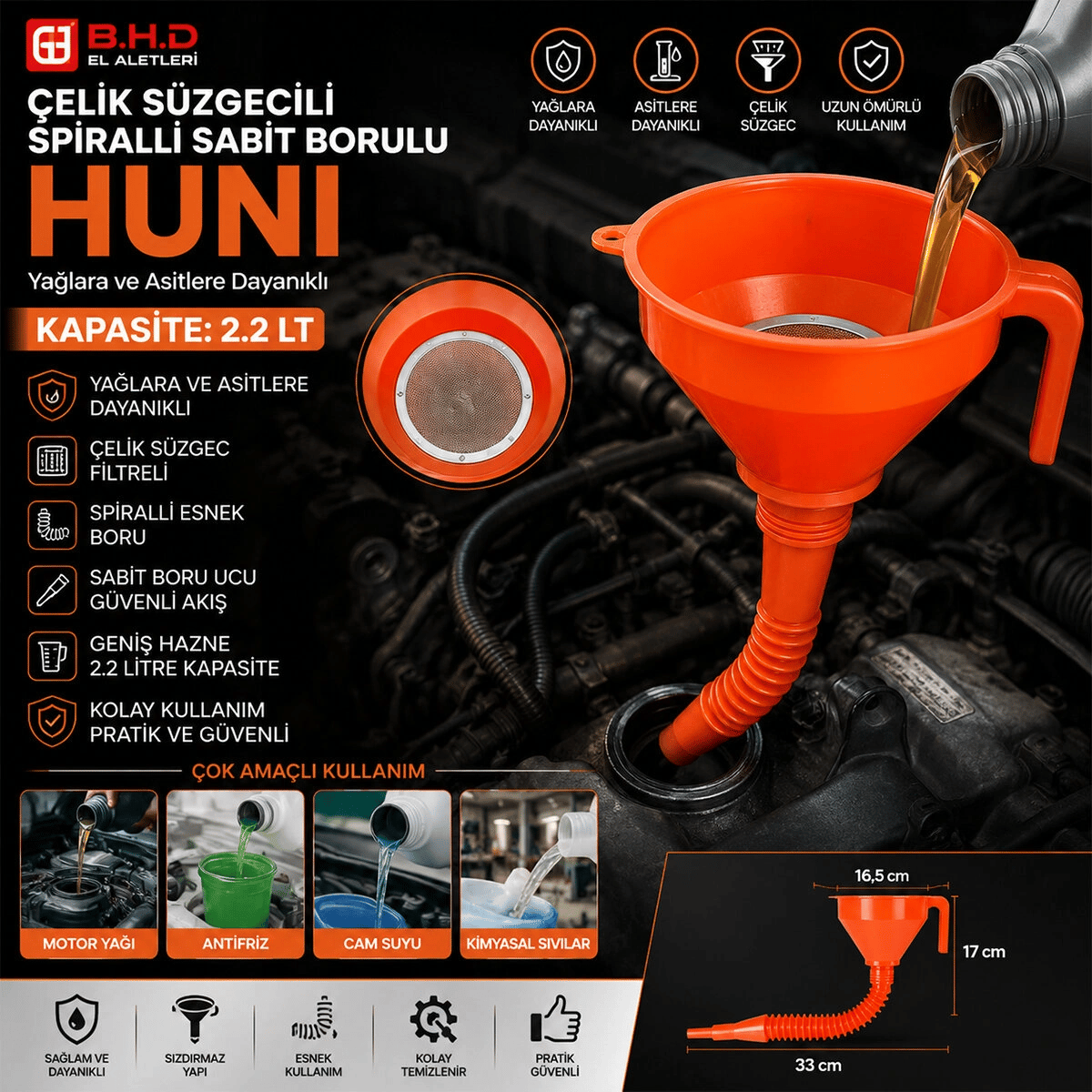 Çelik Süzgeçli Spiralli Huni Sabit Borulu 2.2lt Bx40