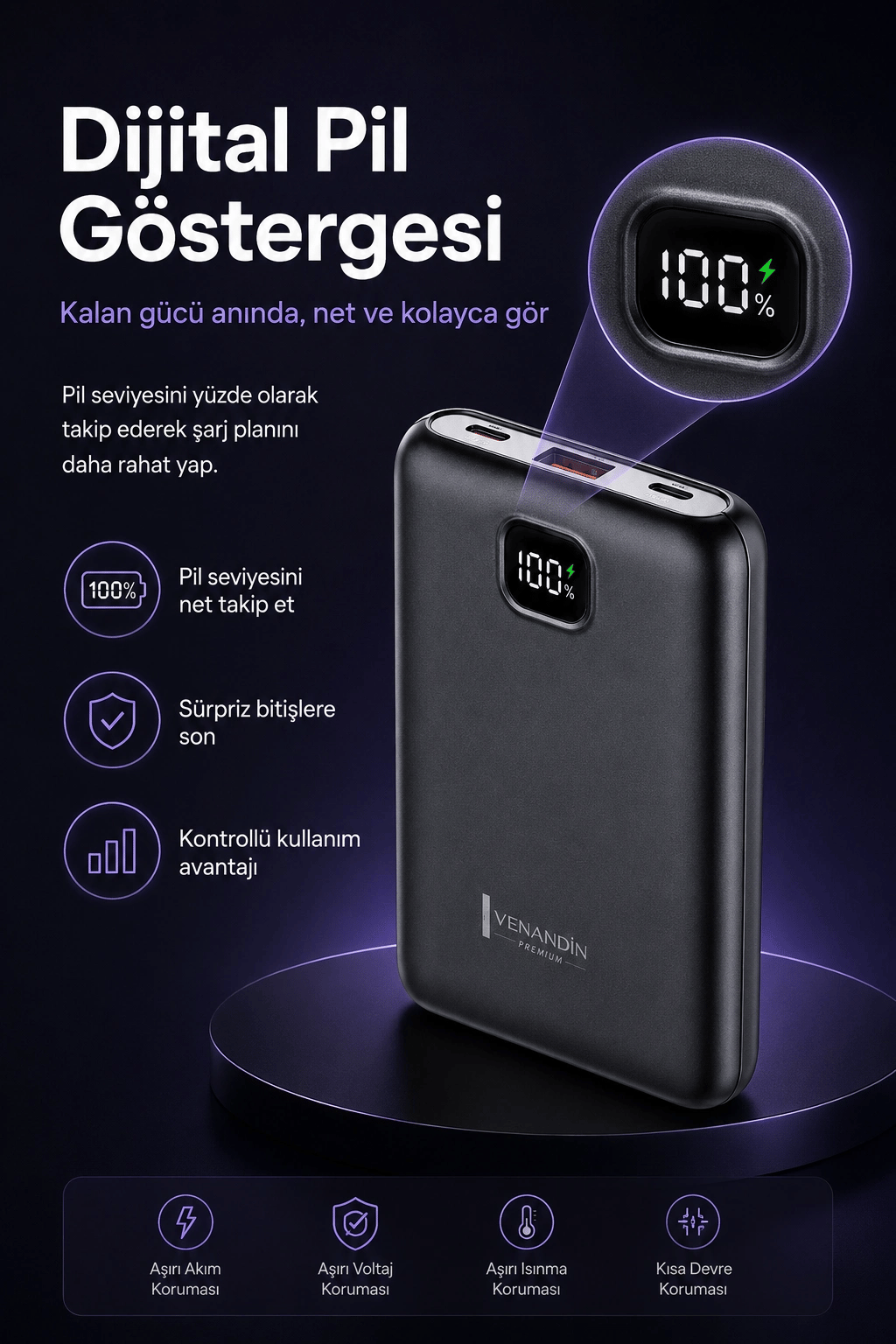 Cep Telefonu Uyumlu 10000 mAh Dijital Göstergeli Hızlı Şarj Powerbank