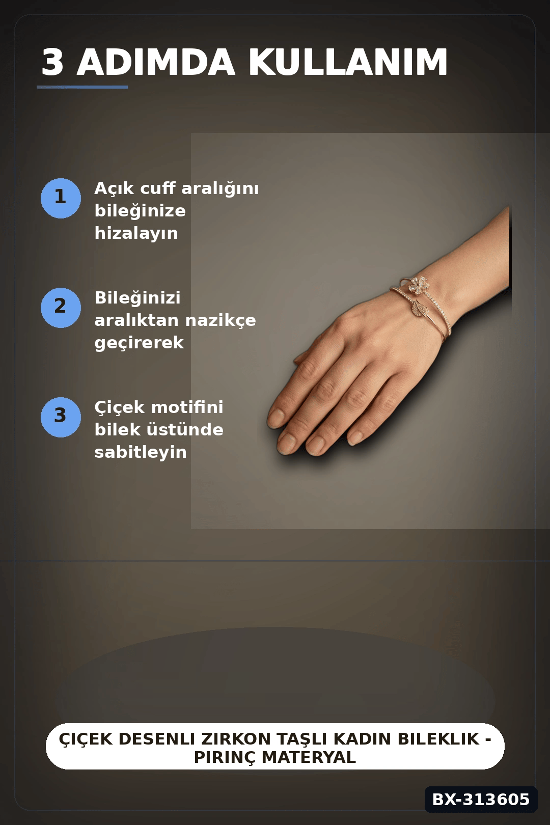 Çiçek Desenli Zirkon Taşlı Kadın Bileklik - Pirinç Materyal - Tekli Takı BX-313605