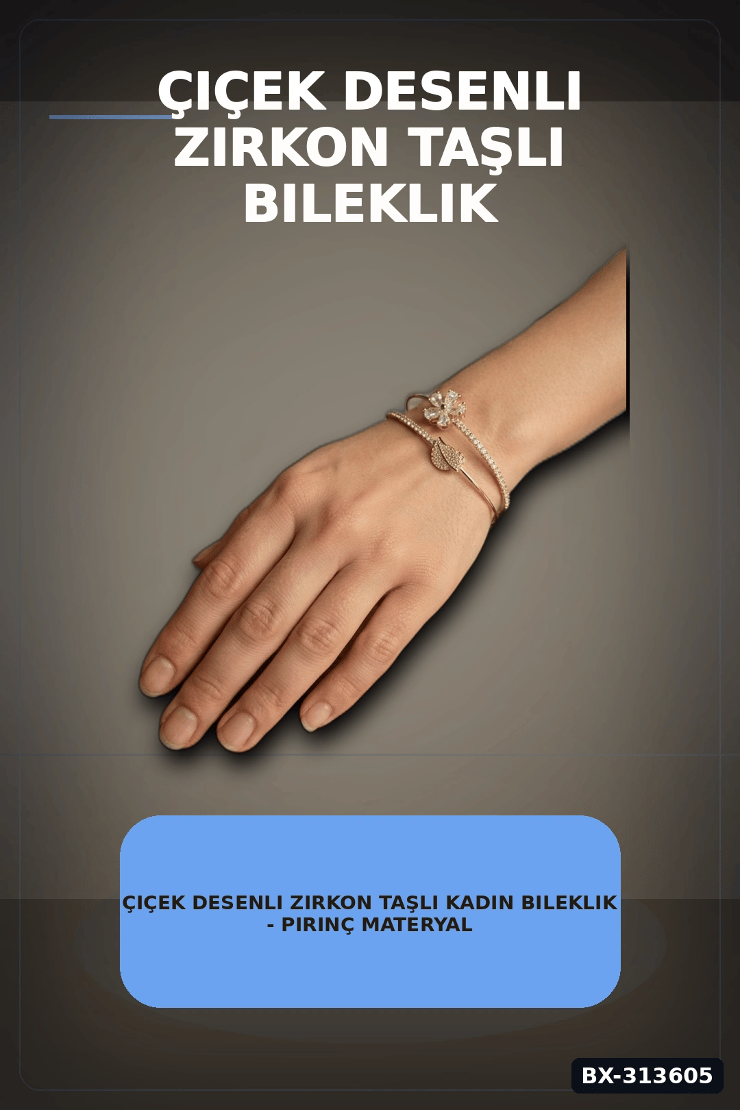 Çiçek Desenli Zirkon Taşlı Kadın Bileklik - Pirinç Materyal - Tekli Takı BX-313605
