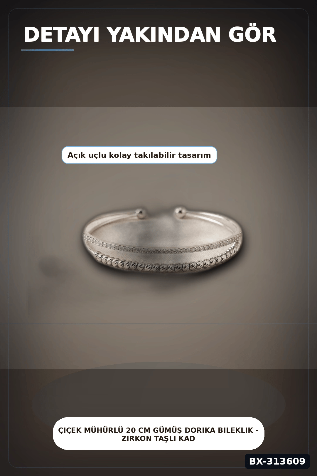 Çiçek Mühürlü 20 cm Gümüş Dorika Bileklik - Zirkon Taşlı Kadın Pirinç Takısı BX-313609