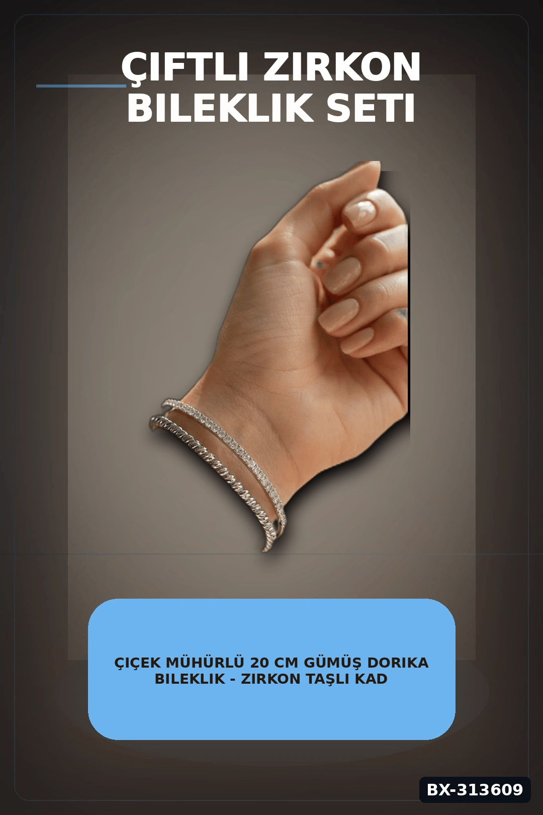 Çiçek Mühürlü 20 cm Gümüş Dorika Bileklik - Zirkon Taşlı Kadın Pirinç Takısı BX-313609
