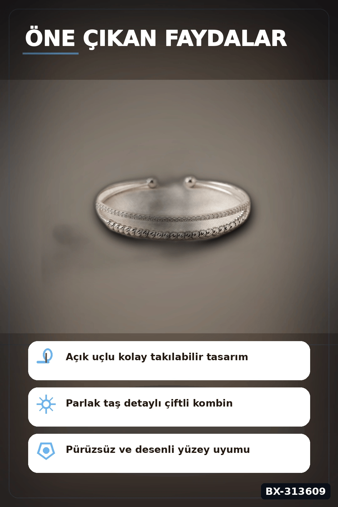 Çiçek Mühürlü 20 cm Gümüş Dorika Bileklik - Zirkon Taşlı Kadın Pirinç Takısı BX-313609
