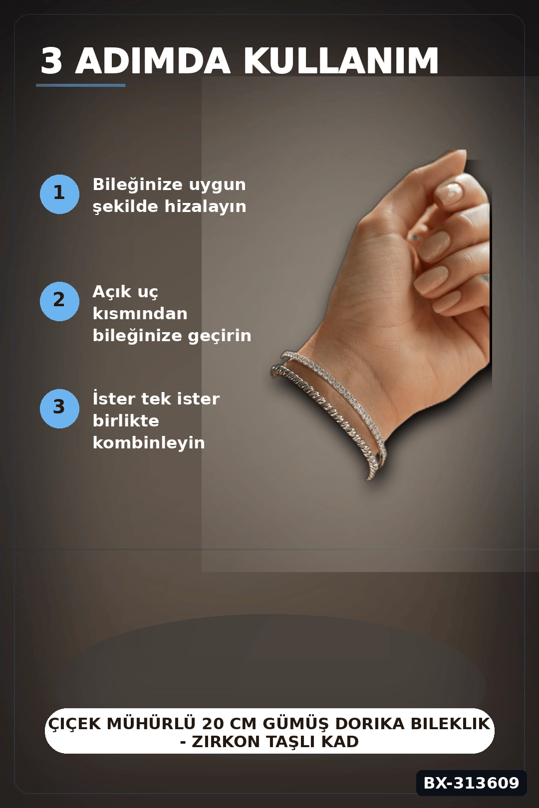 Çiçek Mühürlü 20 cm Gümüş Dorika Bileklik - Zirkon Taşlı Kadın Pirinç Takısı BX-313609