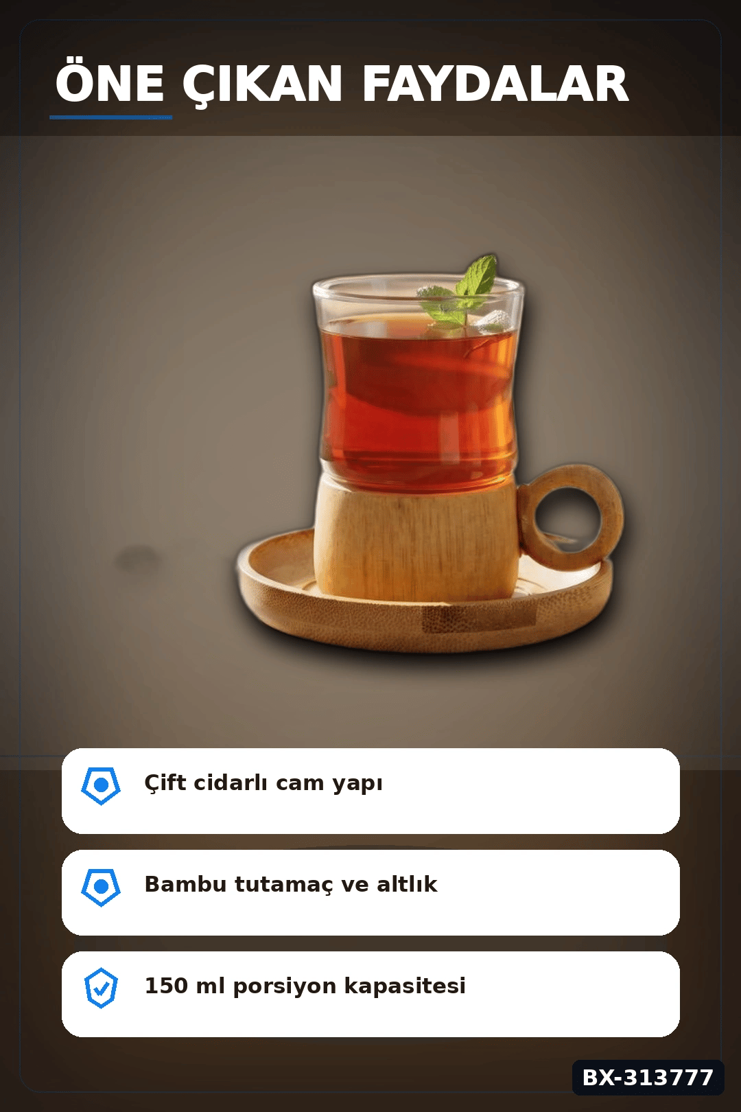 Cift Cidarli 150 Ml 6 Adet Cam Cay Bardagi Ve 6 Adet Bambu Altlik Seti BX-313777
