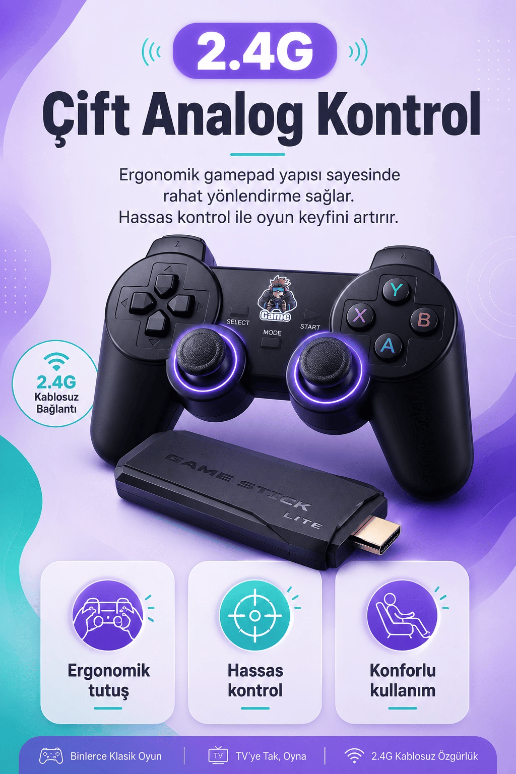 Çift Kollu Kablosuz Oyun Konsolu TV Bağlantılı Klasik Oyunlar İçin Pratik Set