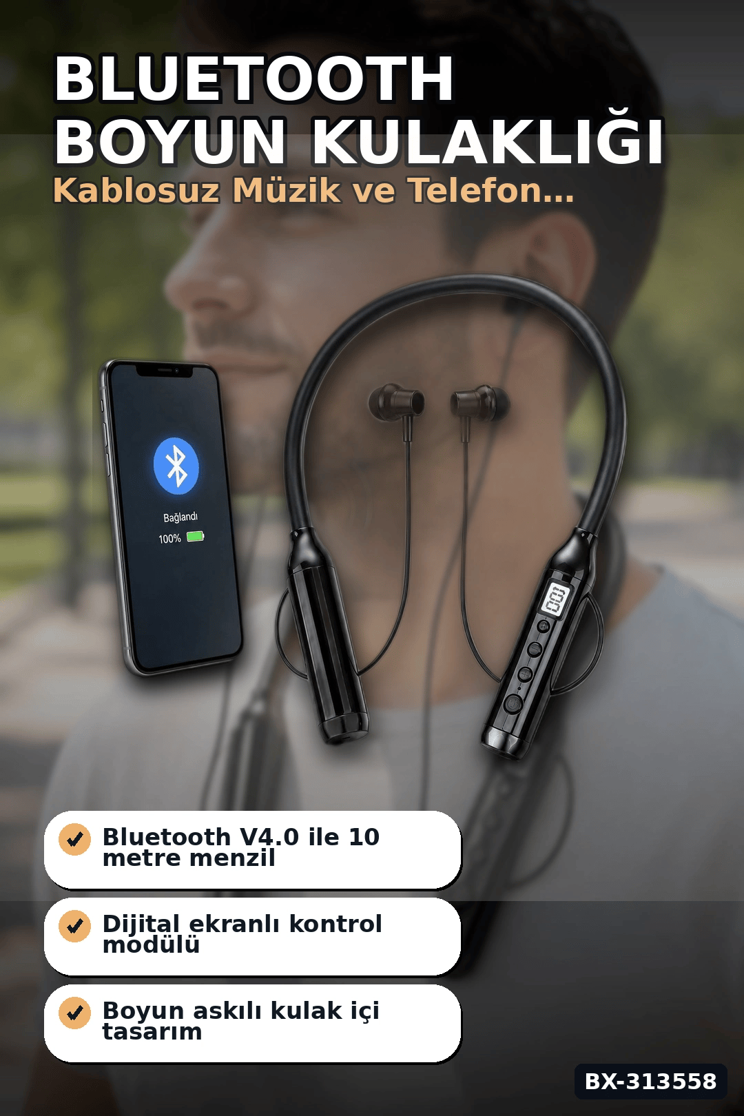 Çift Telefon Bağlantılı Titreşimli Bluetooth Boyun Kulaklığı 10m Menzil Mikrofonlu BX-313558