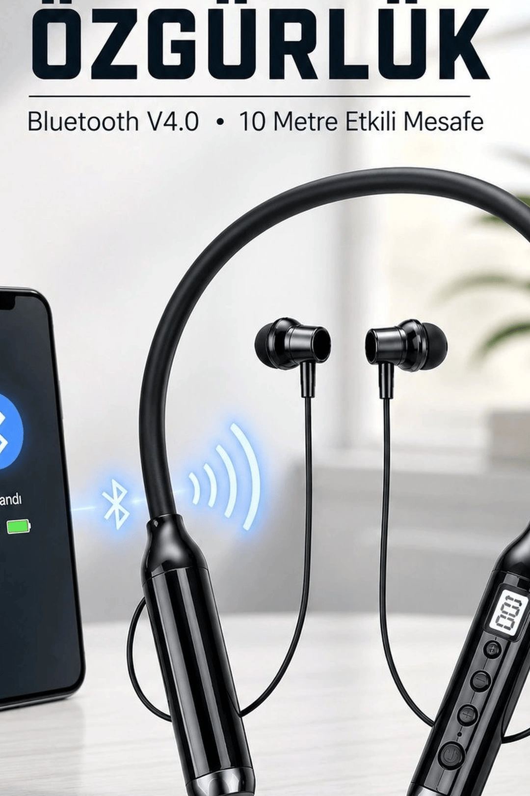 Çift Telefon Bağlantılı Titreşimli Bluetooth Boyun Kulaklığı 10m Menzil Mikrofonlu BX-313558