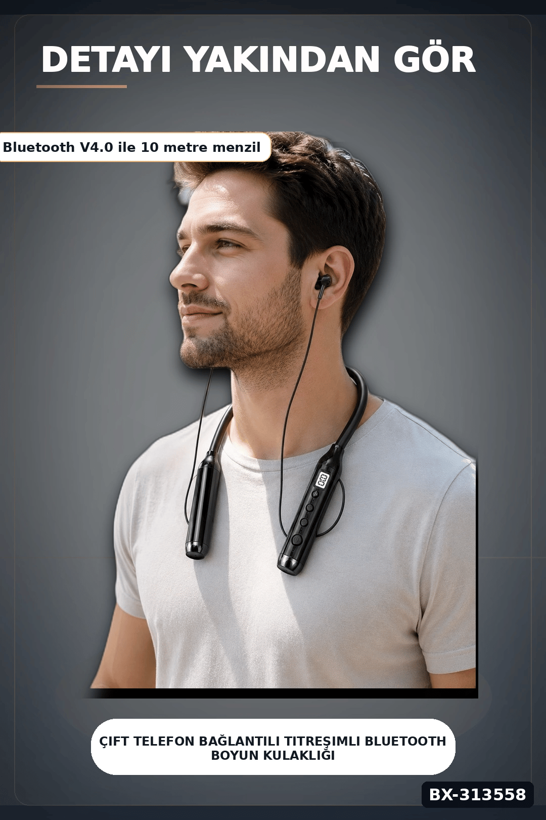 Çift Telefon Bağlantılı Titreşimli Bluetooth Boyun Kulaklığı 10m Menzil Mikrofonlu BX-313558