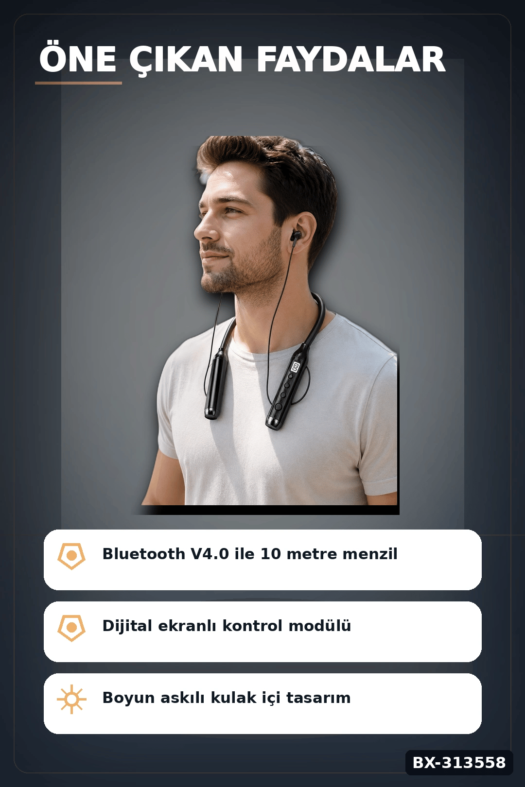 Çift Telefon Bağlantılı Titreşimli Bluetooth Boyun Kulaklığı 10m Menzil Mikrofonlu BX-313558