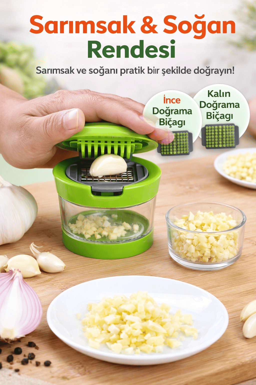 Çıkarılabilir Hazneli Kapaklı Pratik Sarımsak Doğrayıcı – 2 Bıçak Seçenekli Profesyonel