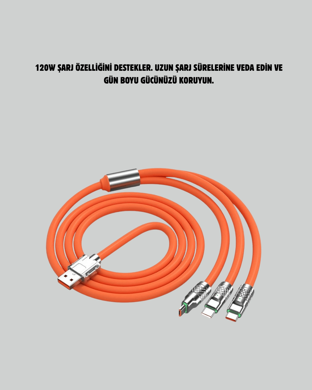 Çinko Alaşımlı Uçlu 120 W Şarj Kablosu – Dolaşmaya Dayanıklı 1,2 m USB Kablo