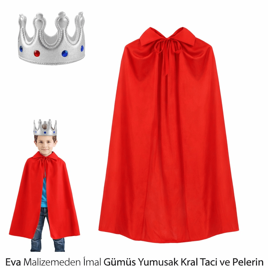 Çocuk Boy Kral Pelerini 90 Cm Ve Yumuşak Eva Kral Tacı Gümüş Renk Bx40