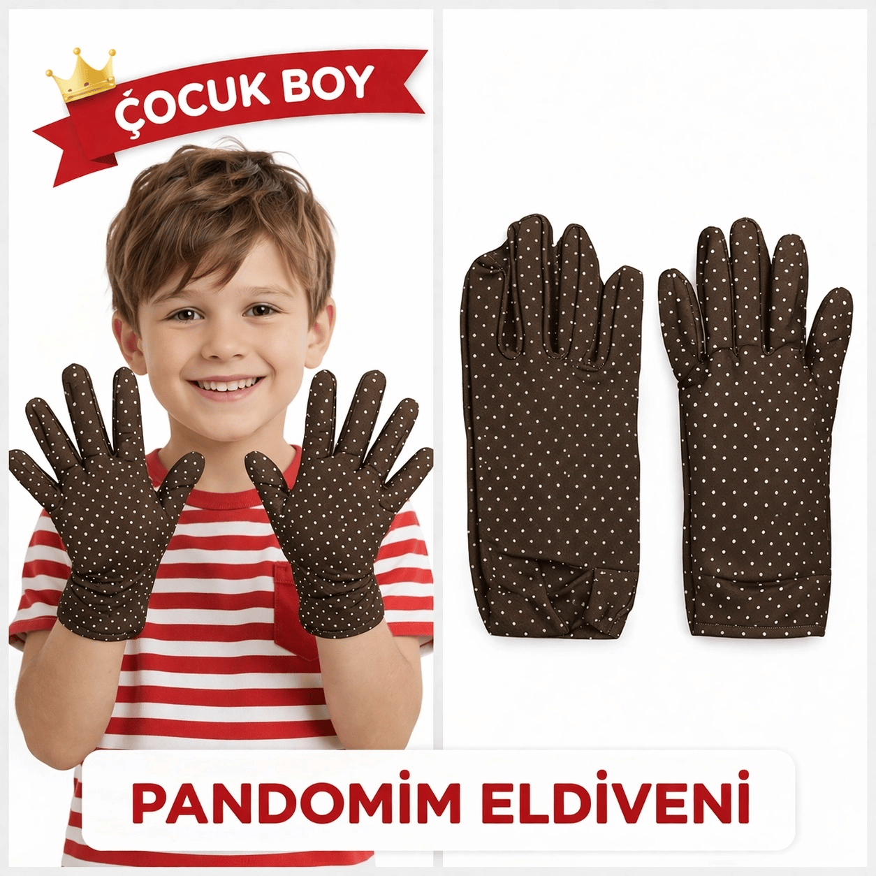 Çocuk Boy Pandomim Eldiveni Beyaz Puantiyeli Kahve Renk Gösteri Eldiveni 23 Nisan 19 Mayıs Bx40