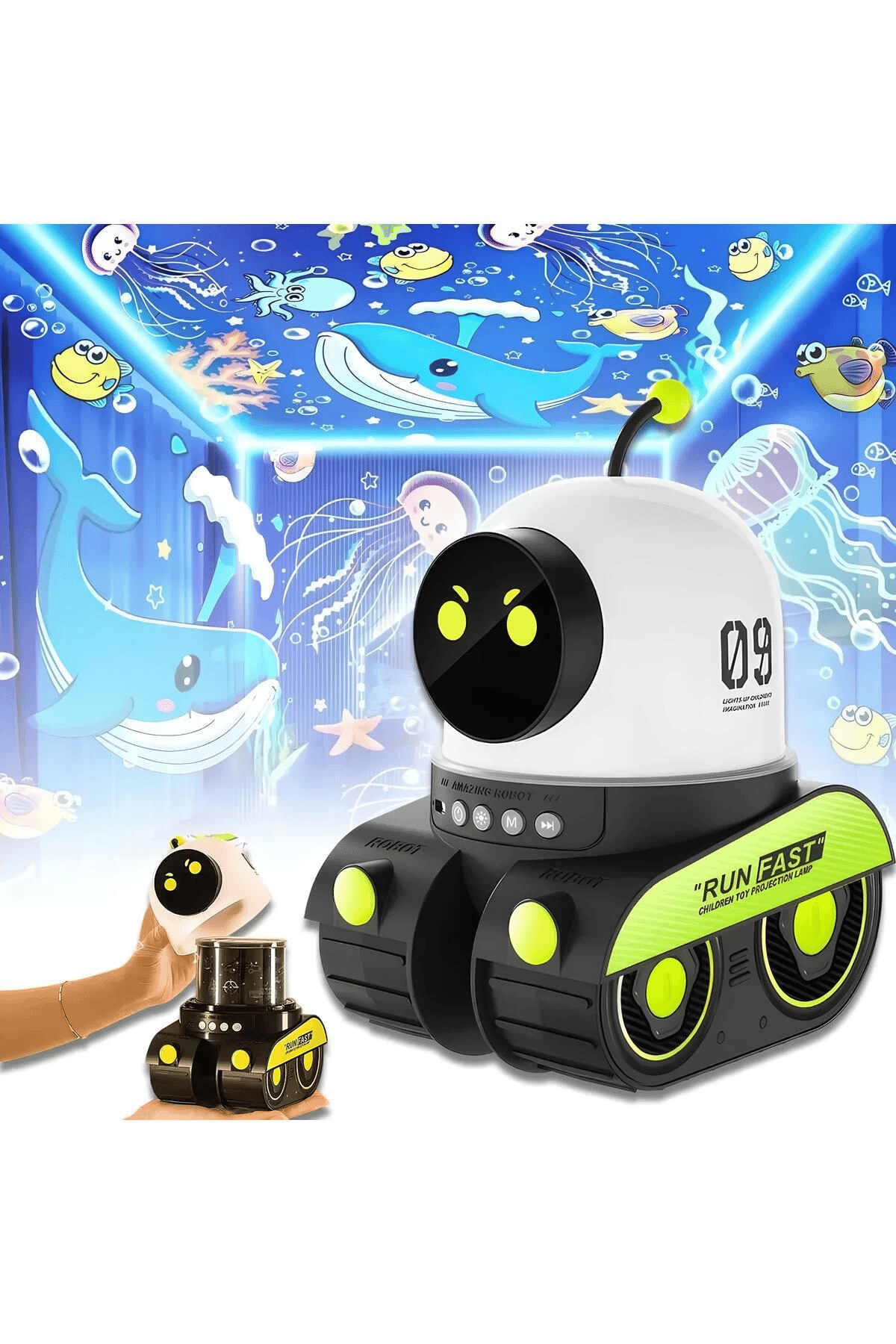 ÇOCUKLAR İÇİN EĞİTİCİ VE EĞLENCELİ ROBOT TEMALI PROJEKTÖR GECE LAMBASI