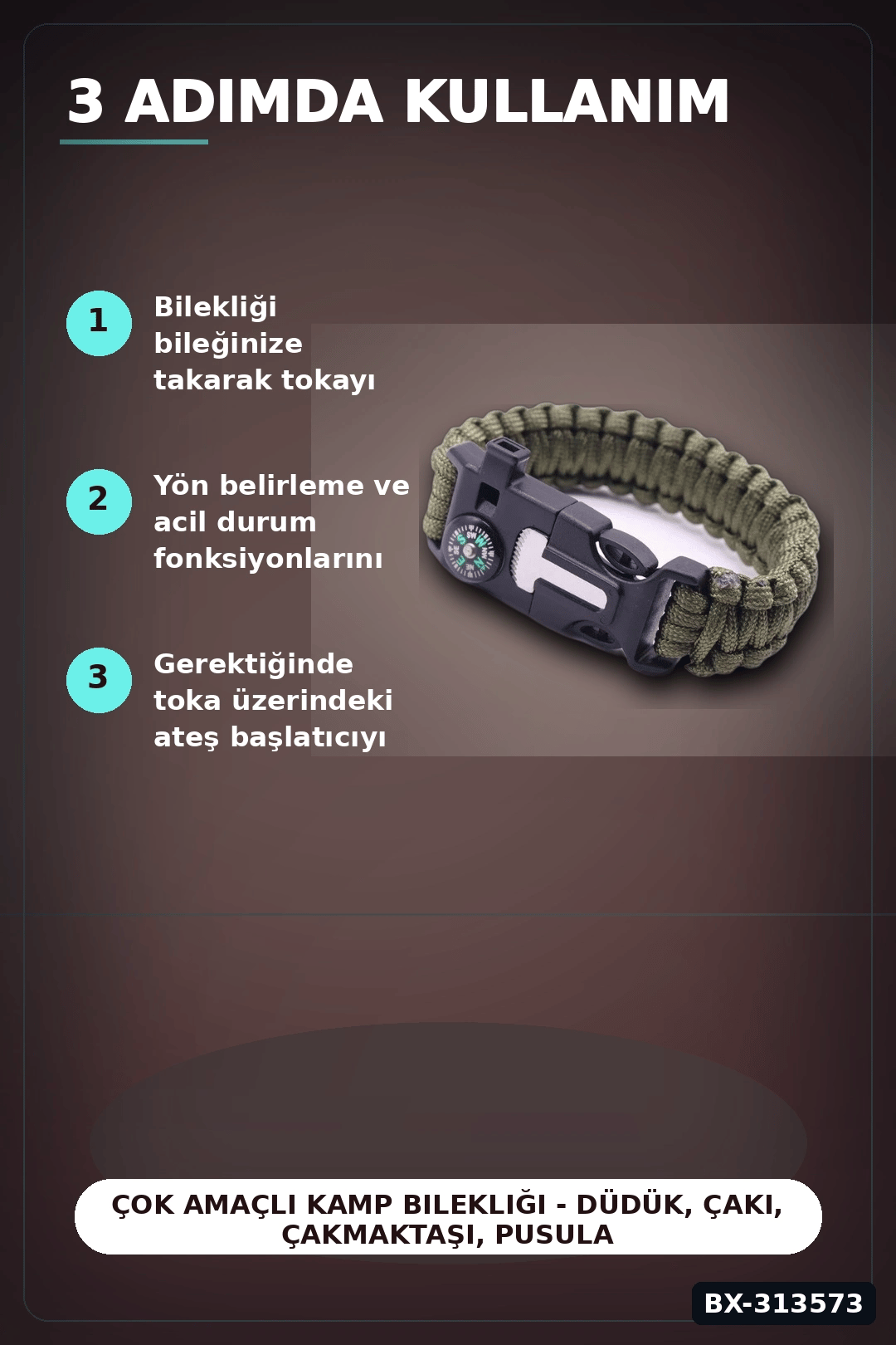 Çok Amaçlı Kamp Bilekliği - Düdük, Çakı, Çakmaktaşı, Pusula ve Paraşüt İpi Dahil BX-313573