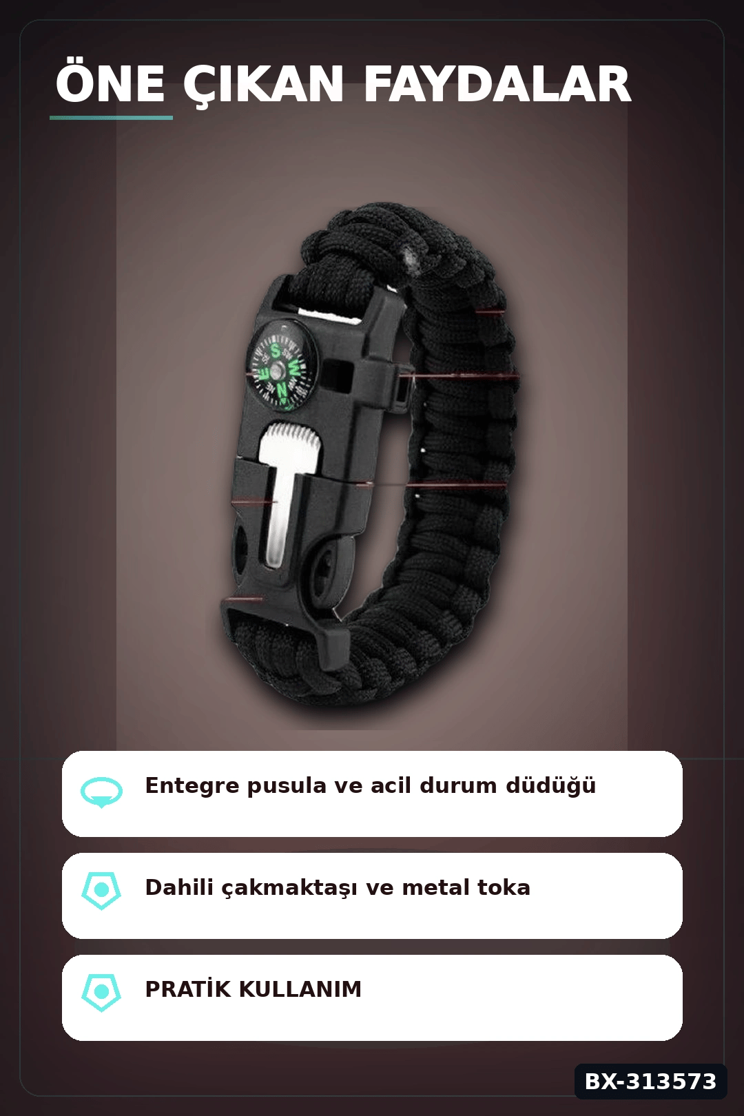 Çok Amaçlı Kamp Bilekliği - Düdük, Çakı, Çakmaktaşı, Pusula ve Paraşüt İpi Dahil BX-313573