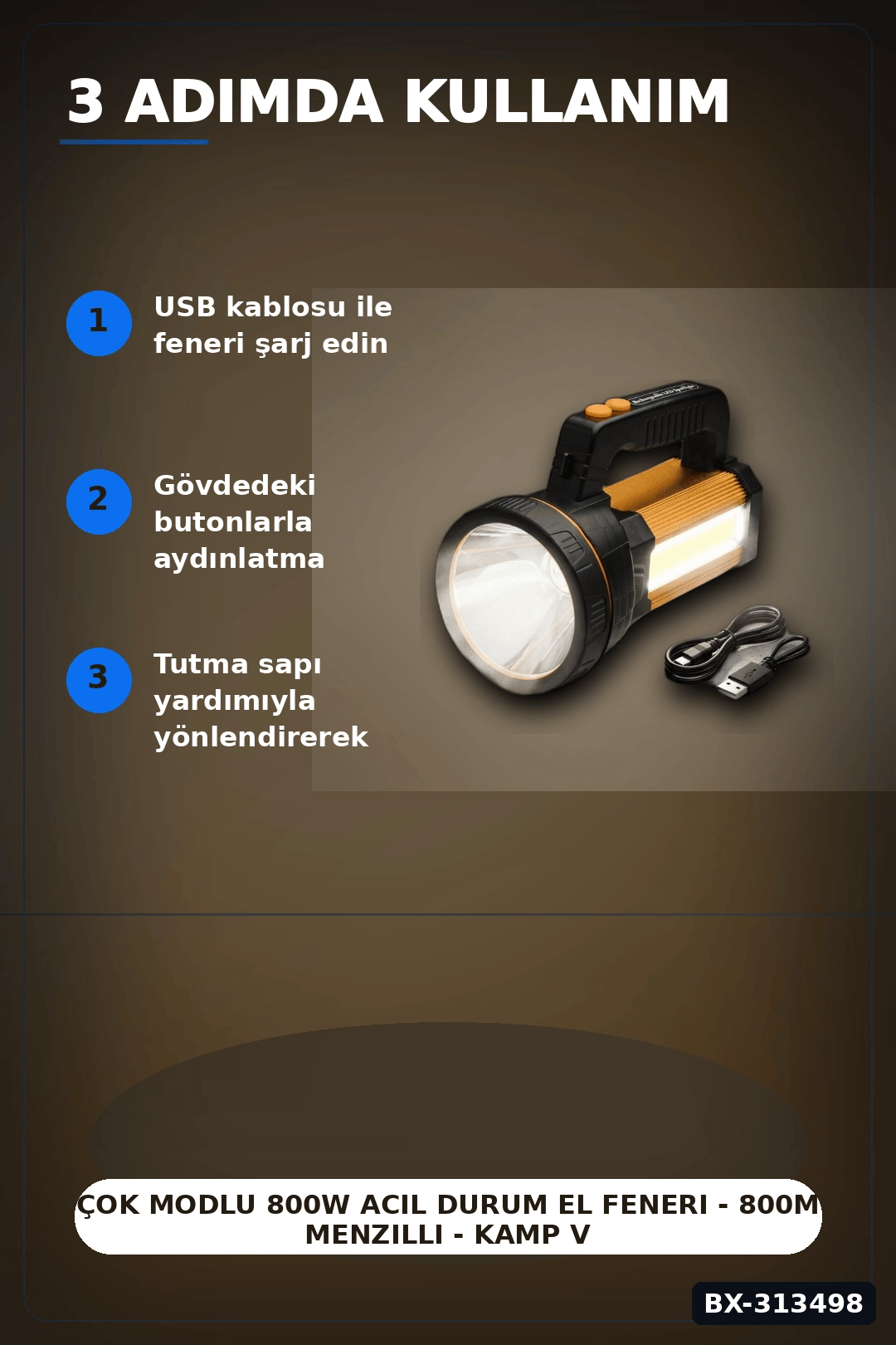 Çok Modlu 800W Acil Durum El Feneri - 800m Menzilli - Kamp Ve Doğa Aktiviteleri İçin BX-313498
