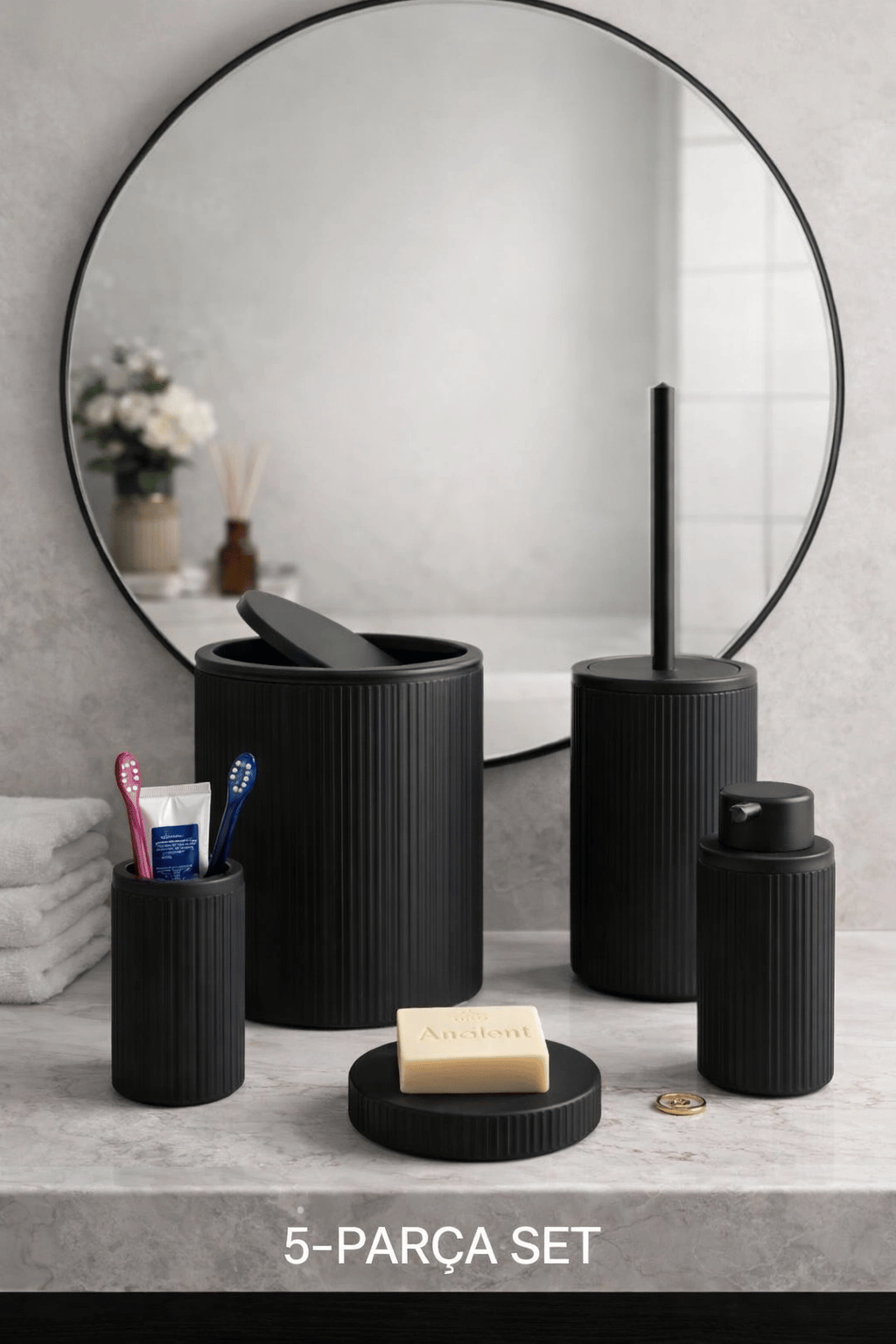 Çöp Kovası, Tuvalet Fırçası, Sabunluk 5 Parça Banyo Seti