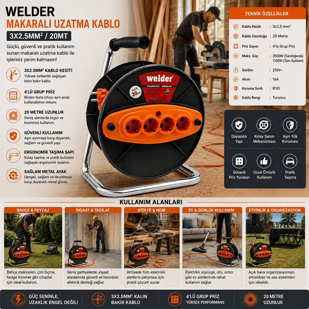 Ct Welder 3x2.5mm 20mt Makaralı Uzatma Kablo Bx40