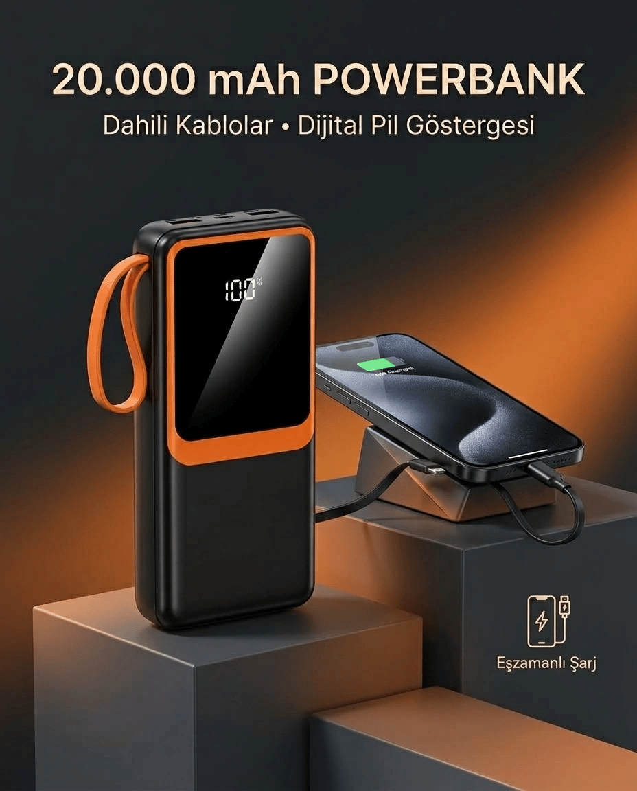 Dahili Çoklu Kablolu 20000 mAh Powerbank Dijital Pil Göstergeli Telefon Şarj Cihazı