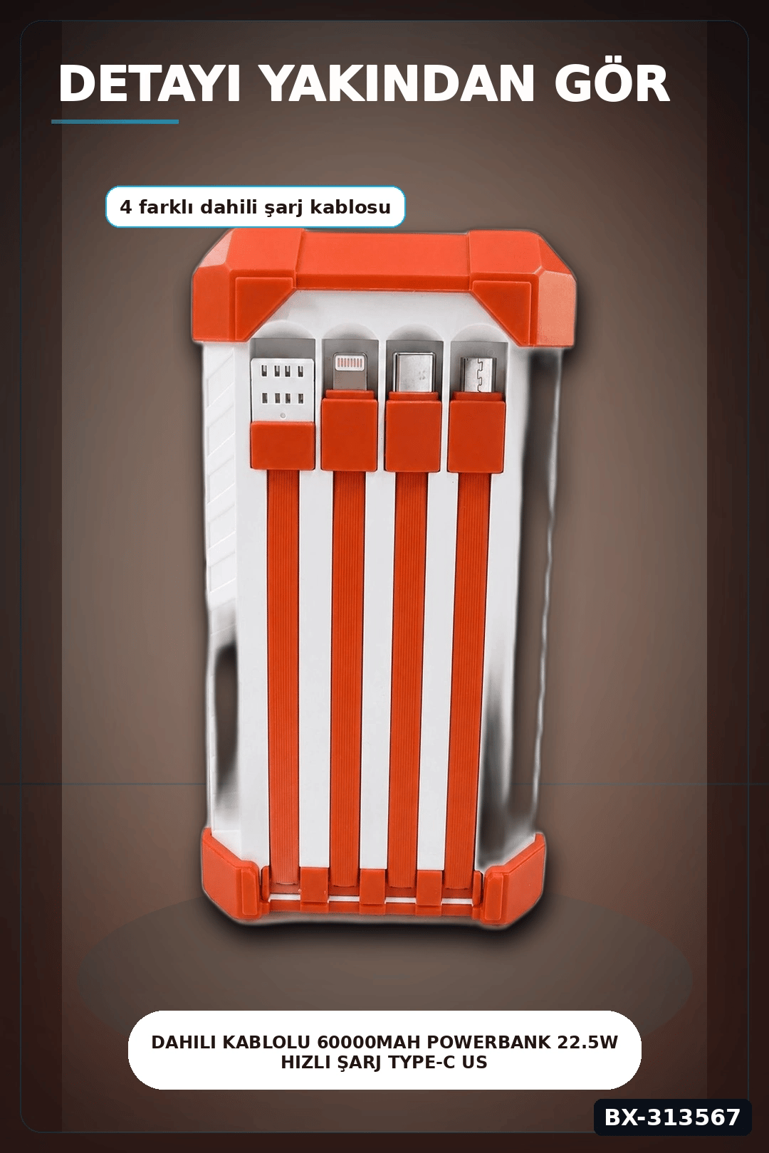 Dahili Kablolu 60000mAh Powerbank 22.5W Hızlı Şarj Type-C USB Çıkışlı Dijital Göstergeli BX-313567