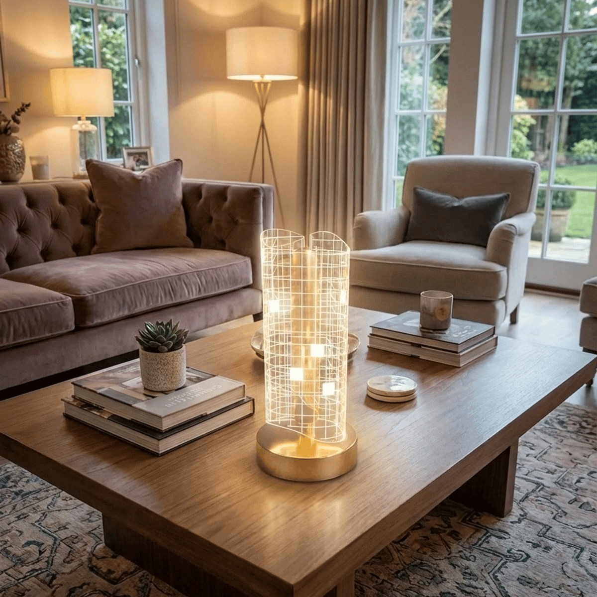 Dalgalı Silindirik Kristal Kareli Model Led Masa Lambası – Gold Tabanlı, Dokunmatik, 3 Renk Işık Modlu, Şarjlı Modern Dekoratif Gece Lambası Bx40